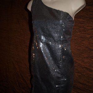 Silver DRESS With Sequins SIZE L BY 21 Short One Shoulder USED FOR PHOTO SHOOT